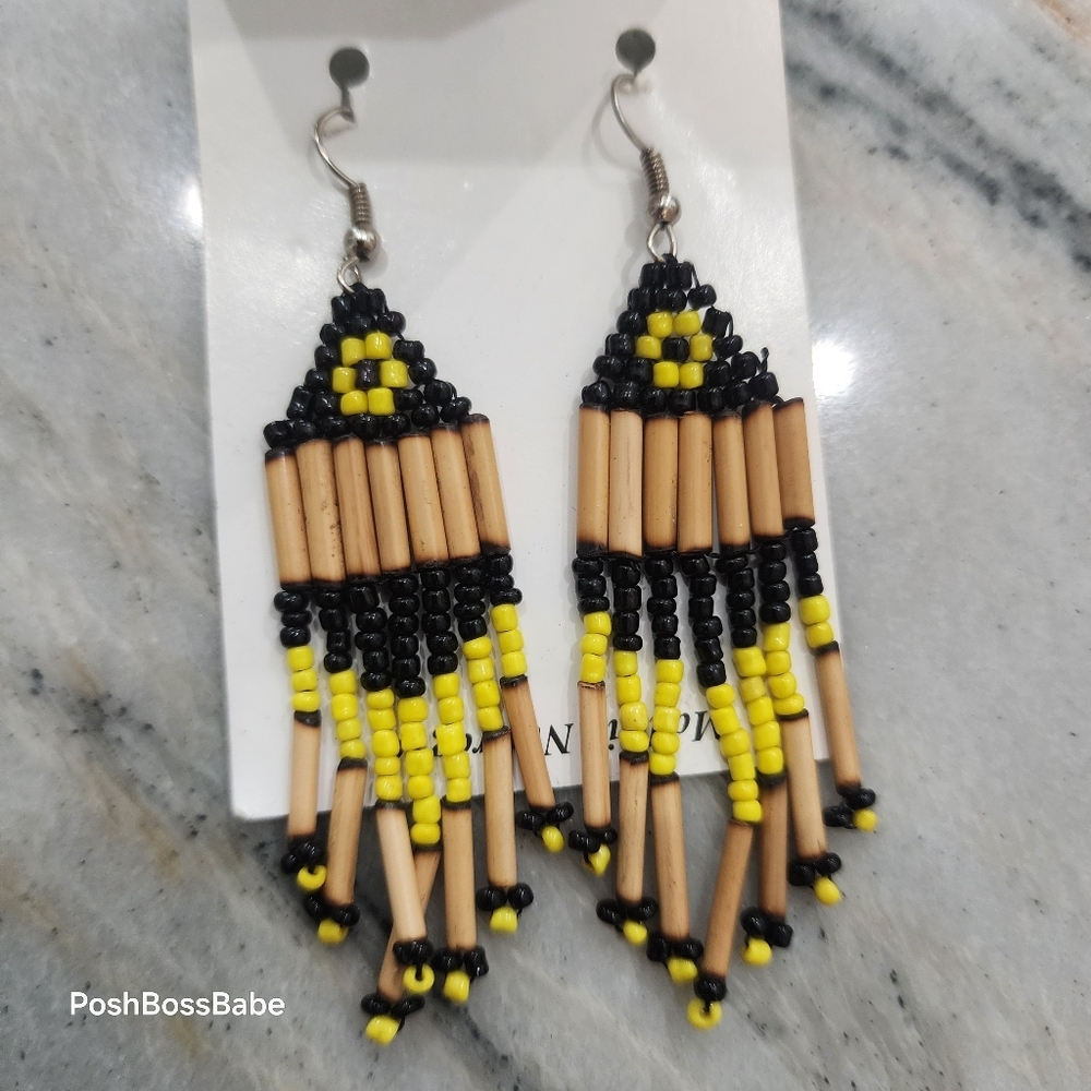 Handmade Nicaraguan Beaded Fringe Earrings Black Yellow Tribal 3"